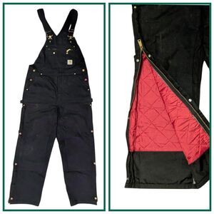 Carhartt Canvas Overalls Mens 38 x 32 Black Double Knee USA Arctic Lined Vintage